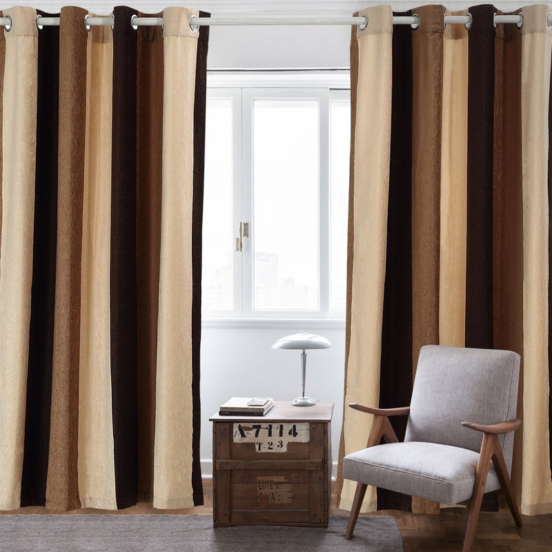 VIAGL Bedroom Curtains Absolute Heat Insulation Chenille Vertical Striped Color Window Curtains Living Room Buttonhole Curtains Single Panel (W52xL95  Brown) - Image 1